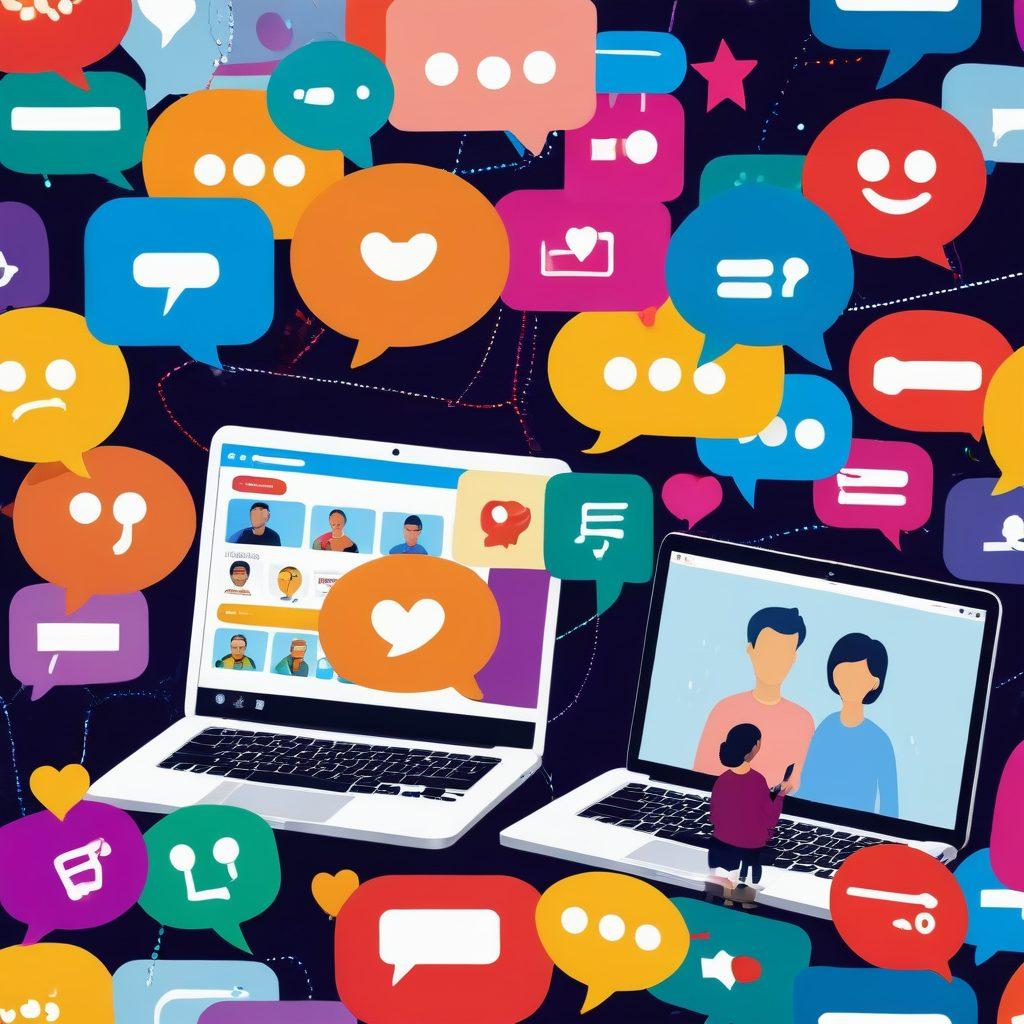 A vibrant digital community scene showcasing diverse individuals engaged in various messaging activities, surrounded by speech bubbles and icons representing interactive strategies like polls, chats, and comments. Include a laptop in the center with a blog open, highlighting connections and interaction. Use bright colors and playful elements to symbolize engagement and communication. super-realistic. vibrant colors. dynamic background.