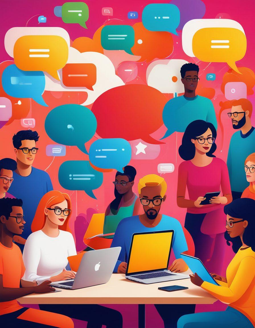 A visually striking illustration of a diverse group of people engaged in online communication through various devices, such as laptops and smartphones. The background features speech bubbles filled with vibrant colors and engaging messages that represent different blogging strategies. Elements like social media icons and digital networks intertwine, symbolizing connectivity and interaction. Create an atmosphere of creativity and collaboration, showcasing the power of messaging in blogging. vibrant colors. digital art.