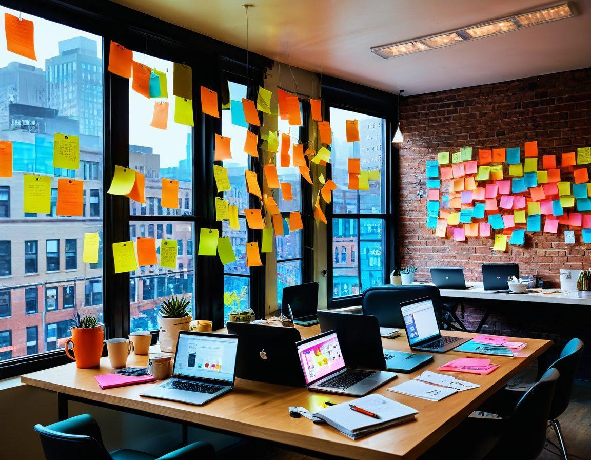 A dynamic digital workspace showcasing a diverse group of bloggers collaborating around a table covered with laptops, notebooks, and coffee cups. Bright neon post-it notes displaying various communication tips and techniques hover in the air. The background should feature inspirational quotes on the walls, and a large window revealing a bustling cityscape outside. The overall atmosphere should convey energy, creativity, and connection. super-realistic. vibrant colors. modern style.